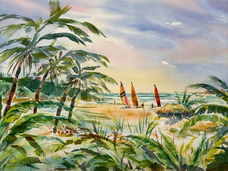 AMERICAN REGIONALISM PAINTING TROPICAL BEACH NAUTICAL BOATS MAURICE SILBER gallery