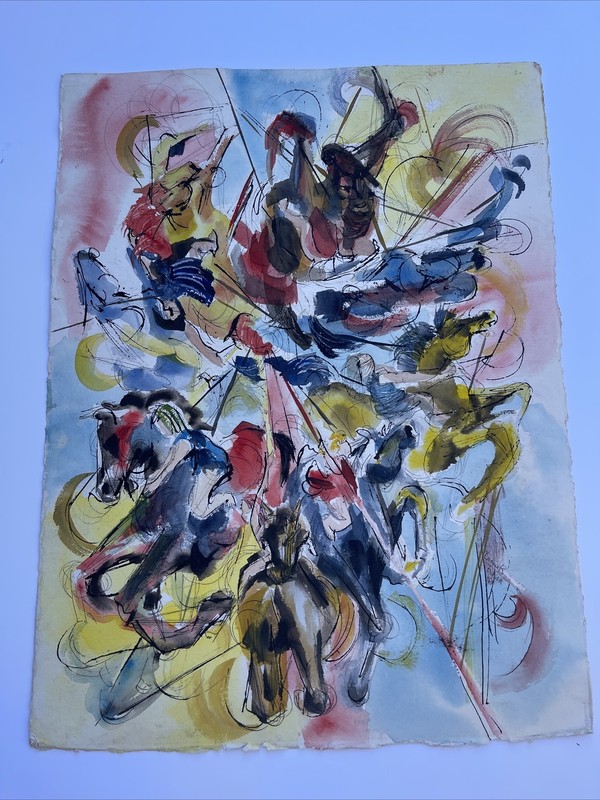 VINTAGE PAINTING ABSTRACT EXPRESSIONISM HORSES CAROUSEL CARNIVAL FAIR 1960'S gallery