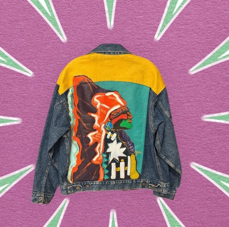 Levi Jacket Hand Painted Artist Signed (Marcus)  Native American Indian Design L