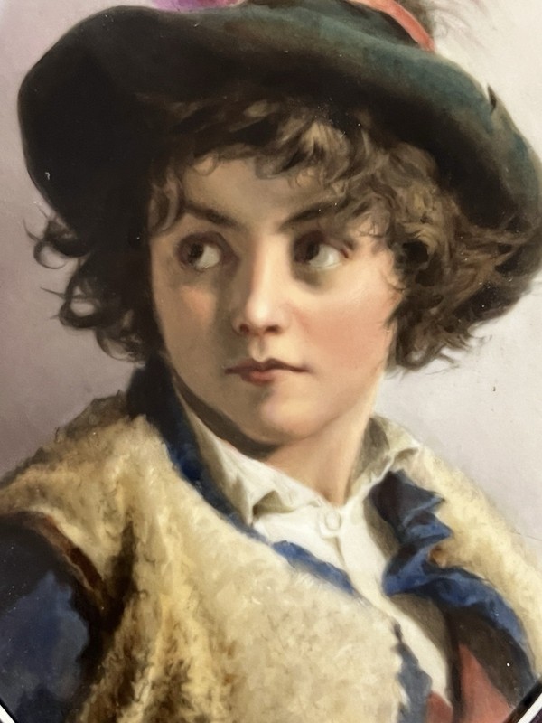 FRANZ TILL DRESDEN ANTIQUE HAND PAINTED PORCELAIN PLAQUE OF BOY 7 1/4IN. gallery