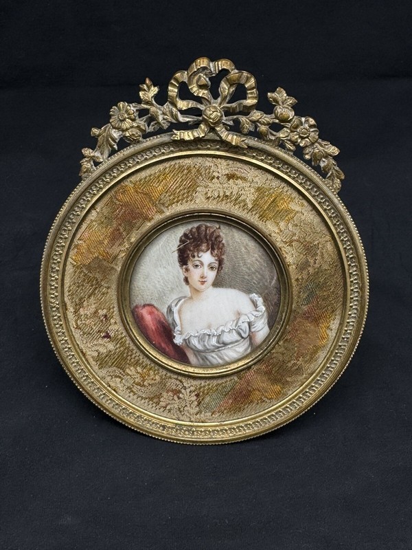 Antique Miniature Portrait of a Lady with Bronze Frame, Signed
