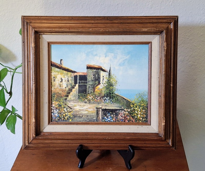 Vintage Original Oil Painting Signed Rossini – Mediterranean Coastal Villa