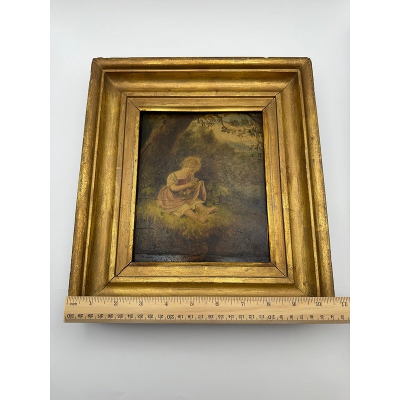 Antique 19thC European School Oil on Wood Panel Painting Girl Flowers Gilt Frame