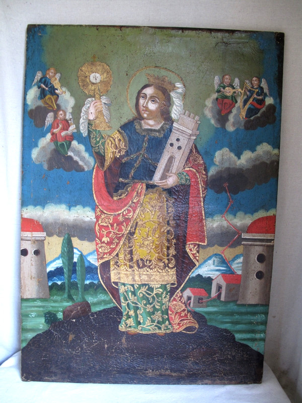 Antique 18th c. Spanish Colonial «Santa Barbara» Oil Painting 27 «X 38» Mexican