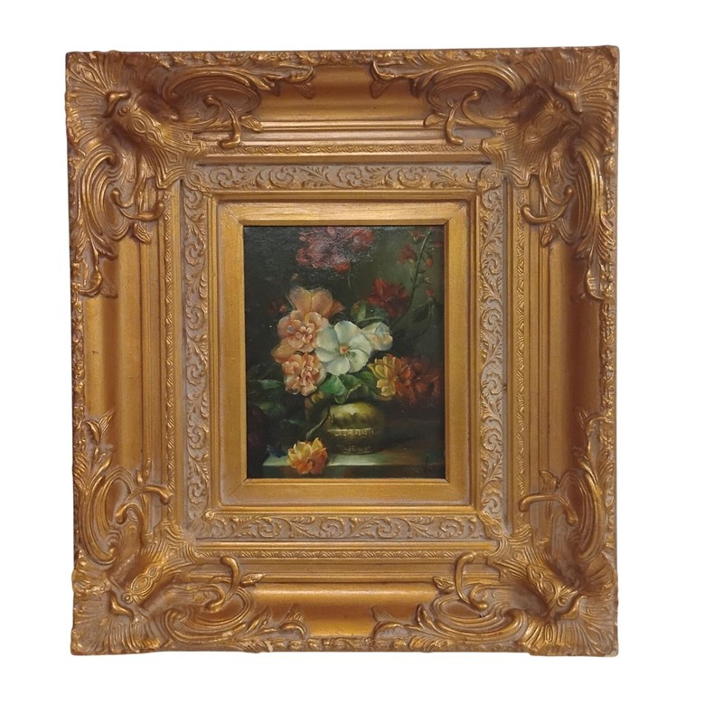 Floral Oil Painting Ornate Gold Frame Signed VARGAS 22 x19 gallery