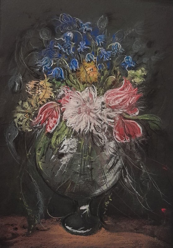 Original Blue Red Flowers Vase Still Life Dark Dry Pastel Painting 8.3 x 11.4 in