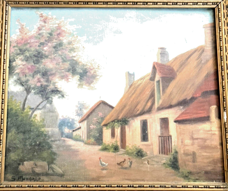 Antique French Oil Painting Village Scene Chickens Thatched Cottage Signed