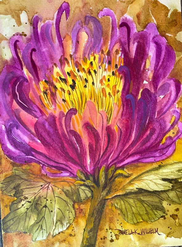 7”x9” Pamela Wilhelm Original Watercolor Flower Purple Yellow Green Exotic gallery