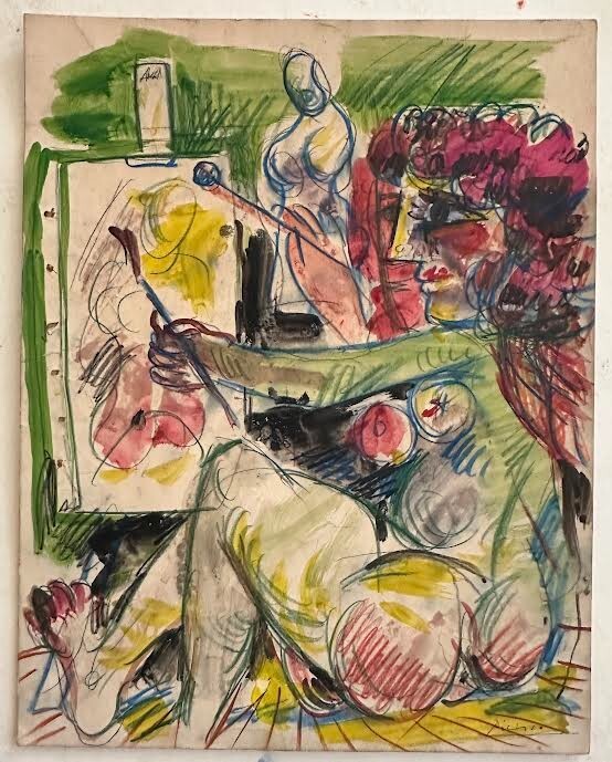PICASSO, ORIGINAL WATER COLOR PAINTING, » ARTIST IN STUDIO»