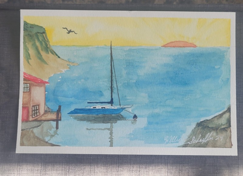 Original W. Schaeffer Watercolor Painting «Mored» Seascape Sailboat Signed 7x…