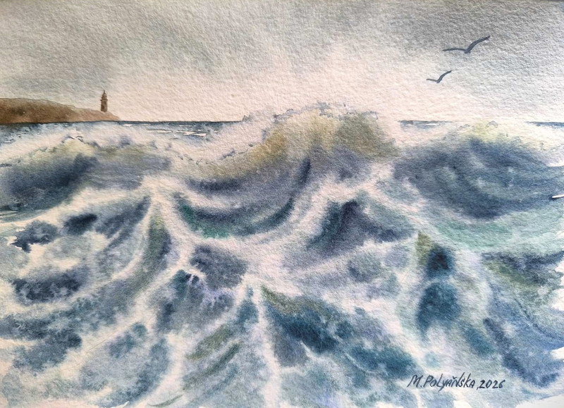 LIGHTHOUSE Large WAVES BIRDS Original Artwork Painting Blue SEA Coastal Gift A5