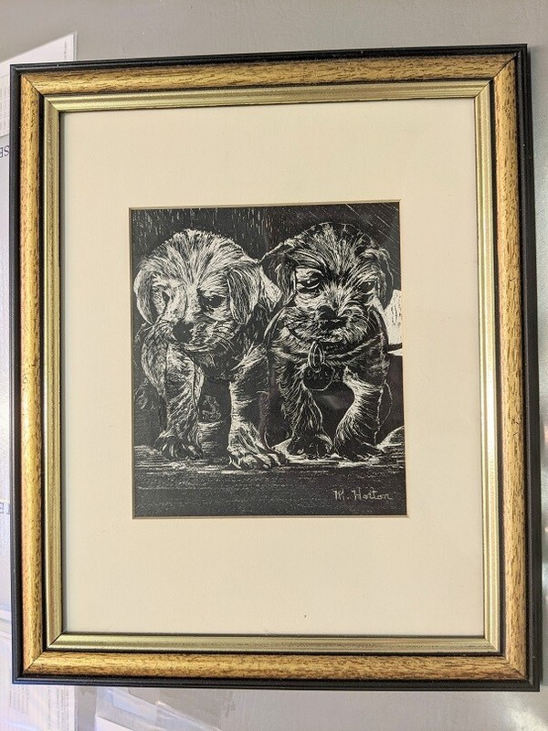 VTG Signed M. Horton Scratchboard Art Two Puppies Animal Portrait