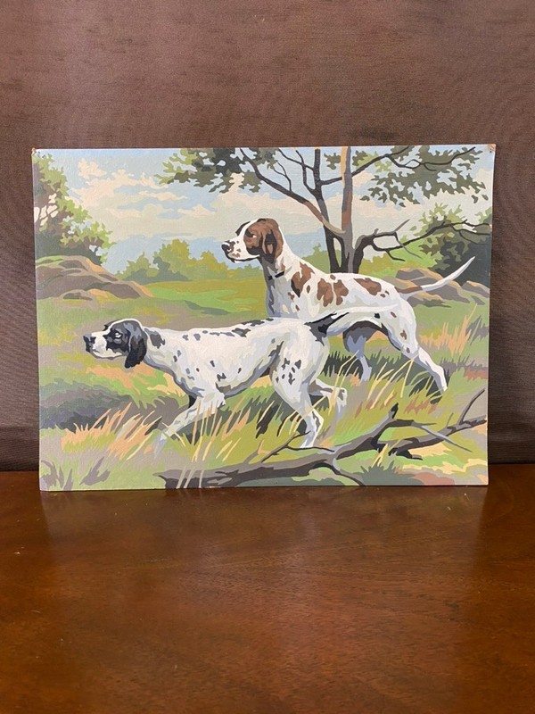 Vintage PBN Hunting Dogs Completed Painting 1950s MCM Pointers Art Folk Art