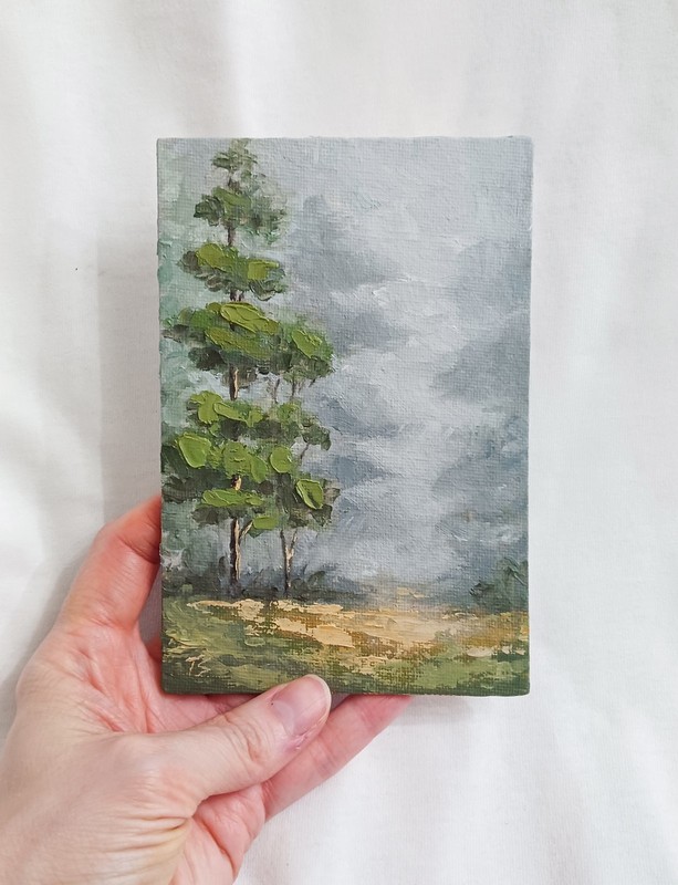 ORIGINAL Oil Painting Impressionism Foggy Moody Forest Pinetree 4" x 6" Fine Art gallery