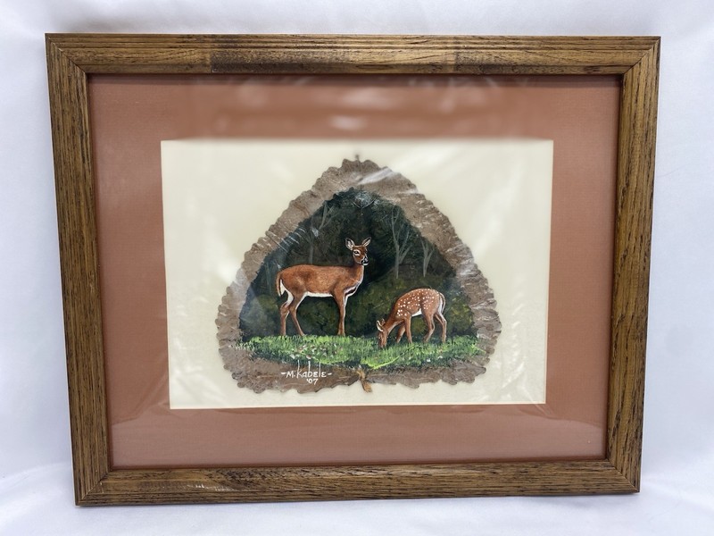 2007 M. KABELE ORIGINAL HAND PAINTED DEER DOE FAWN LARGE EASTERN COTTONWOOD LEAF