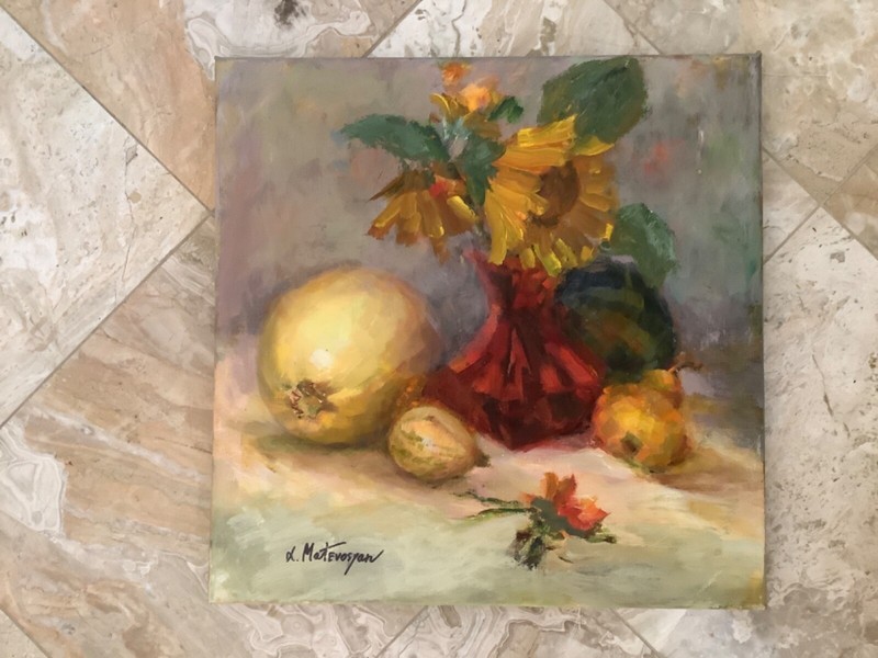 Original Impressionism Oil Art 15”x15 Autumn Still Life Squash Sunflower Signed gallery