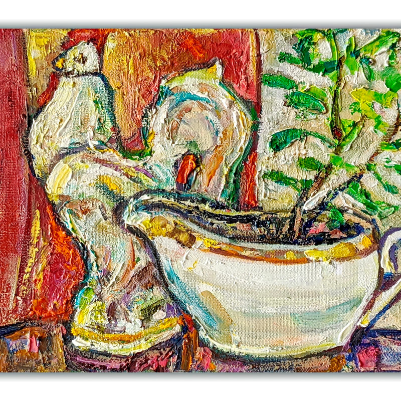 Original Oil Painting Still Life with Porcelain Rooster, Textured Folk Art 8×12″
