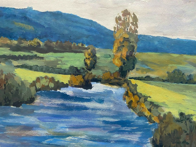 Neckar° Gouache Antique Indistinctly Signed° Painting Frame Autumn Shore Natur gallery