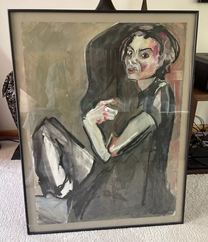 Vtg Abstract Expressionist Lady Woman Portrait Original Painting Framed 33”x25.5