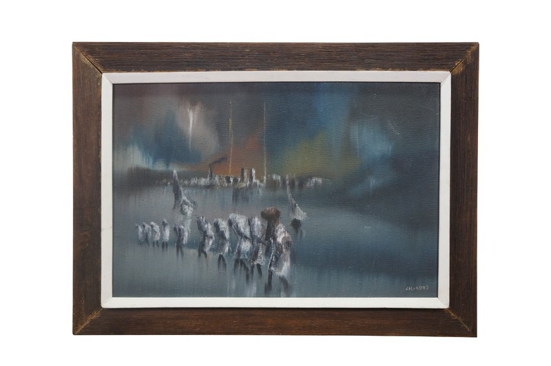 Charles Obas Rainy Haitian Village Scene Sailboats Figures Oil Painting 29″