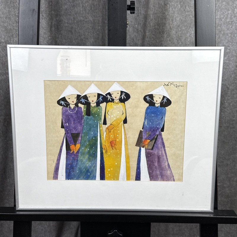 Vietnamese Watercolor Painting Signed & Dated Illegibly Four Woman 19×16”