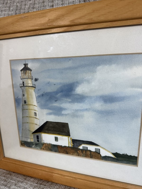 Medium Vintage Lighthouse Picture In Light Wood Frame 14”T X 17”W gallery