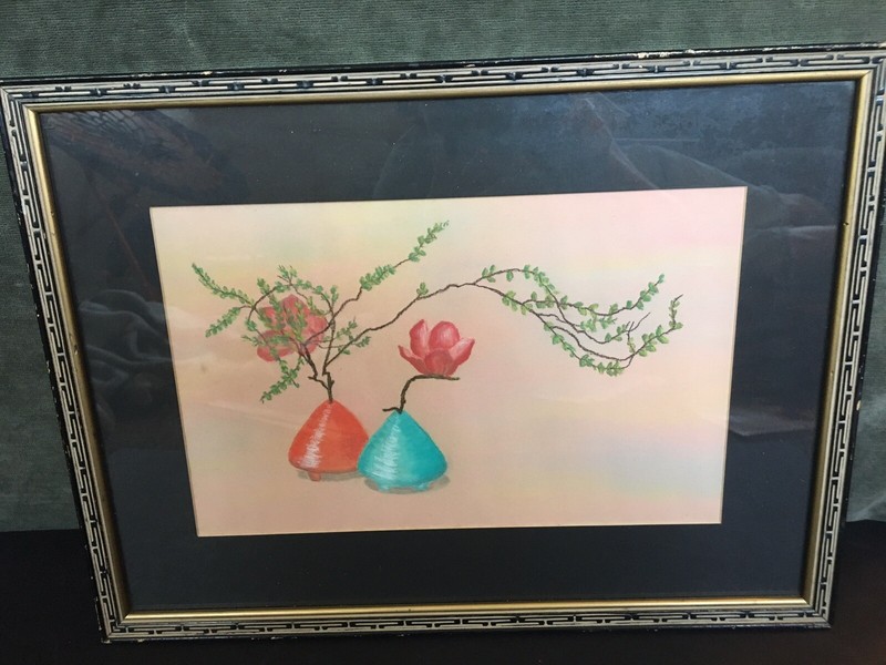 oriental asian flowers red and blue vase Chalk original painting