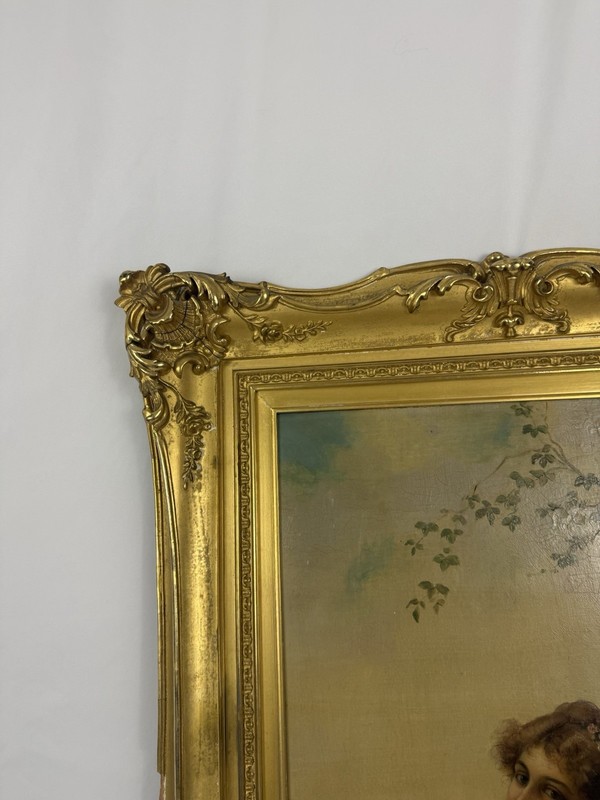 Antique Oil Painting “Springtime” Signed J.R. Goltey Woman Gilt Frame gallery