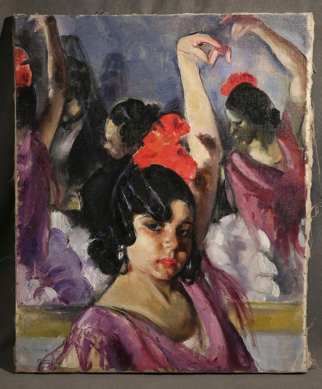 Martha Walter Portrait of a Flamenco Dancer in Purple with a Red Flower in Hair