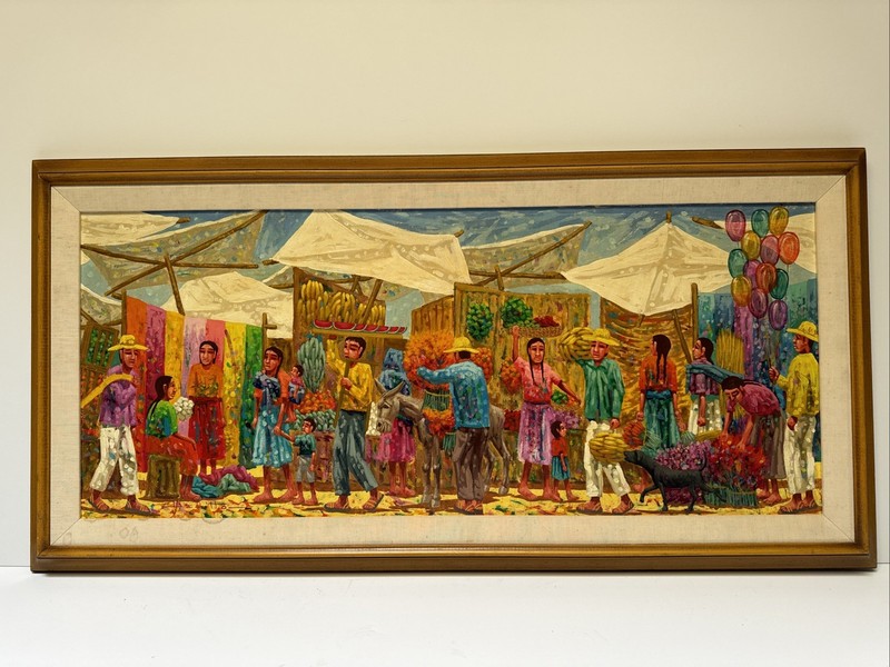 Mid Century Mexican Painting Large Market Street Modernism Vintage City Life