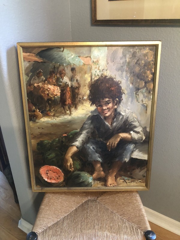 Listed Budapest Hungary Hedva Ferenci 1933-2013 Boy W/ Watermelon Oil Painting