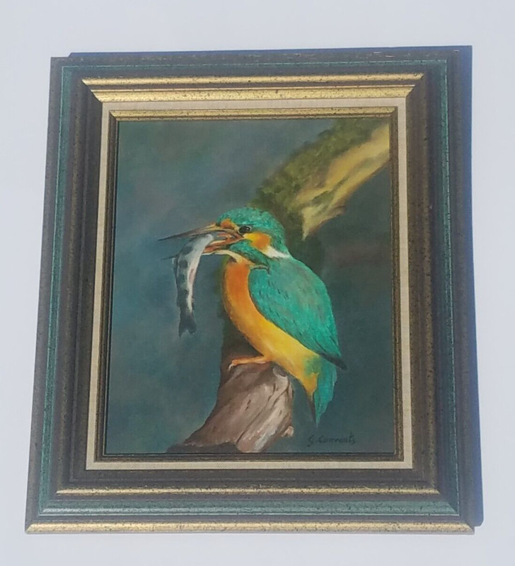 Vibrant Oil on Canvas Painting of a Little Kingfisher Bird with Catch Fish