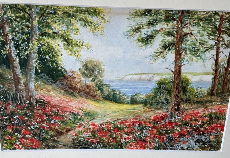 R H Fawkes 1944 or 1994 Signed Watercolor White Cliffs Flower Path Pastoral