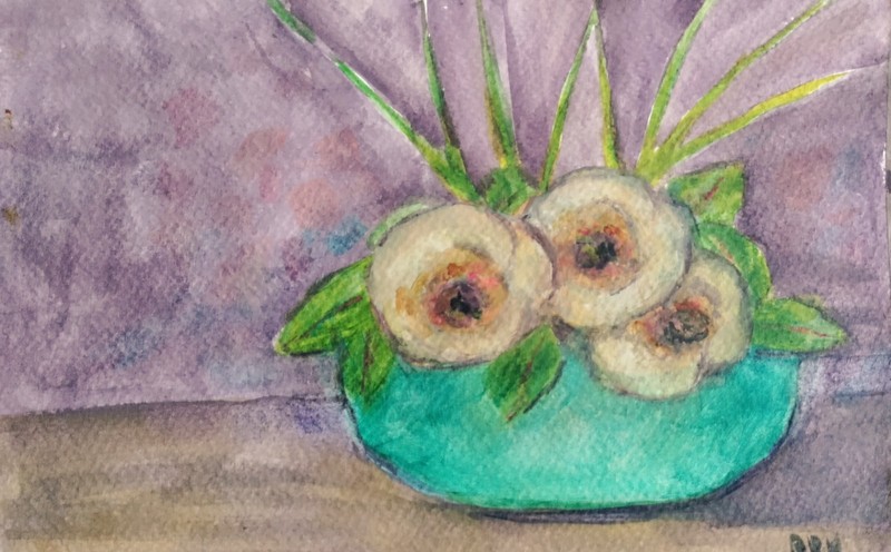Original Watercolor Floral Celadon Bowl Quiet Luxury Zen Boho Flowers