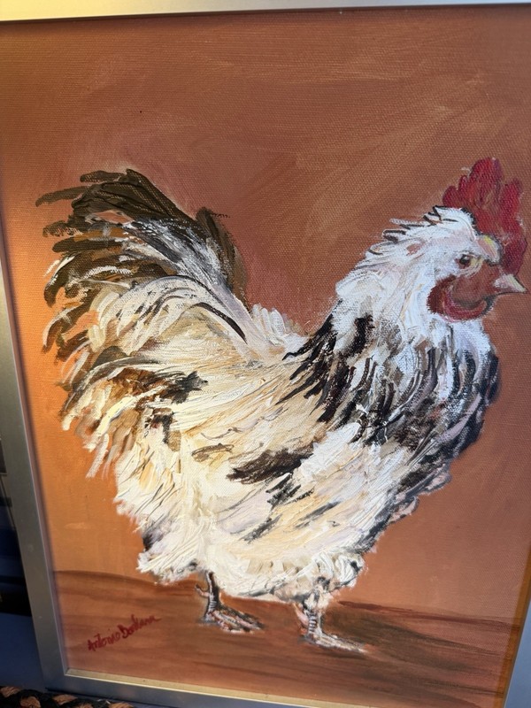 BOTH ROOSTER OIL CANVAS PAINTING 16″ Framed Signed AND Straw Rooster Bird Barnyd