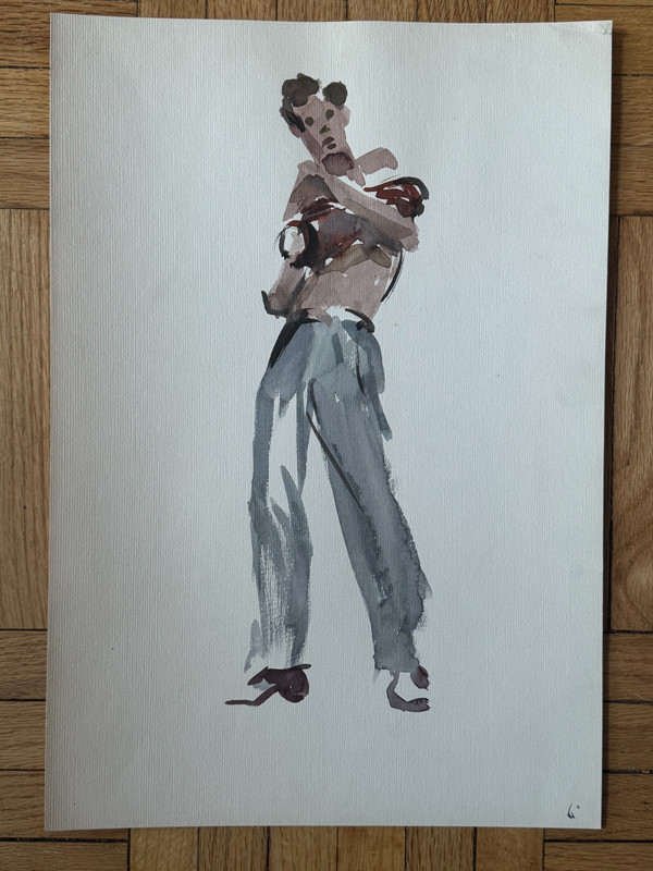 VTG 1950’s MCM Watercolor Painting Male Mens Fashion Gay Int 17 x 12