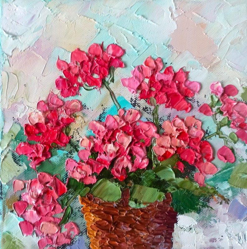 Flower Original Oil painting Impasto Artwork 20x20cm Red Geranium Small Wall Art