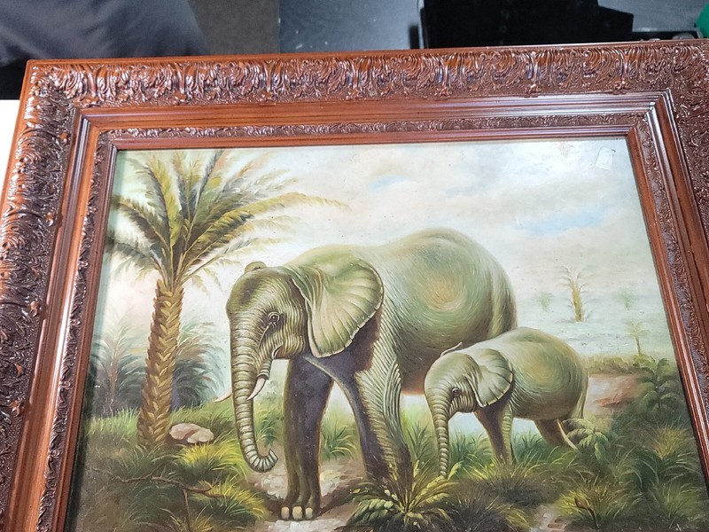 An Oil Painting Of A Mother And Her Baby Elephant. Its One Of A Set Of Three…