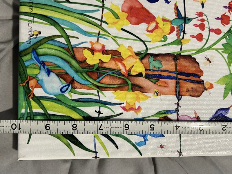 Sherry Tolman Signed Birds on Fence Posts Canvas Print Hummingbird Flowers 1999 gallery
