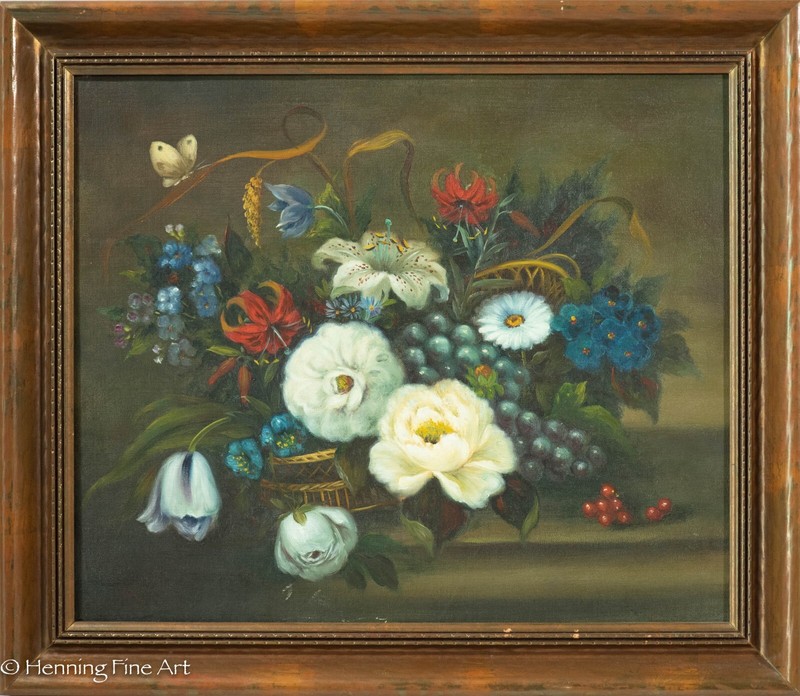 Beautiful Vintage Oil Painting of Floral Still Life Wove Basket with Butterfly