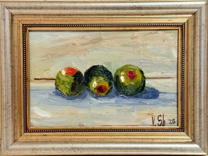 Original Oil Painting Three Olives Impressionism Food Kitchen Artwork Framed