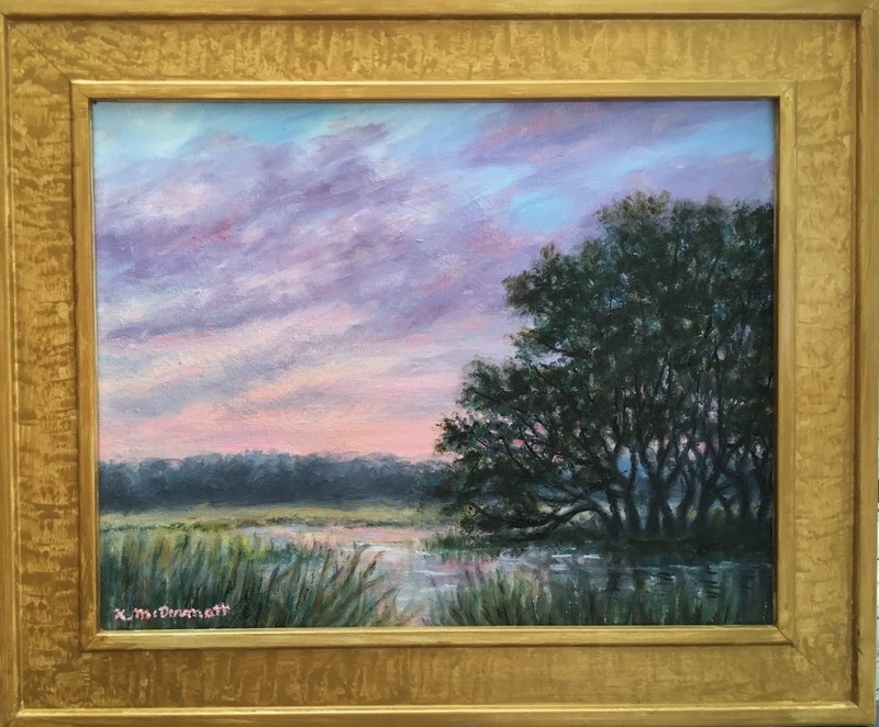 PINKS ON THE MARSH # 2 – framed 11X14 oil landscape painting by K. McDermott