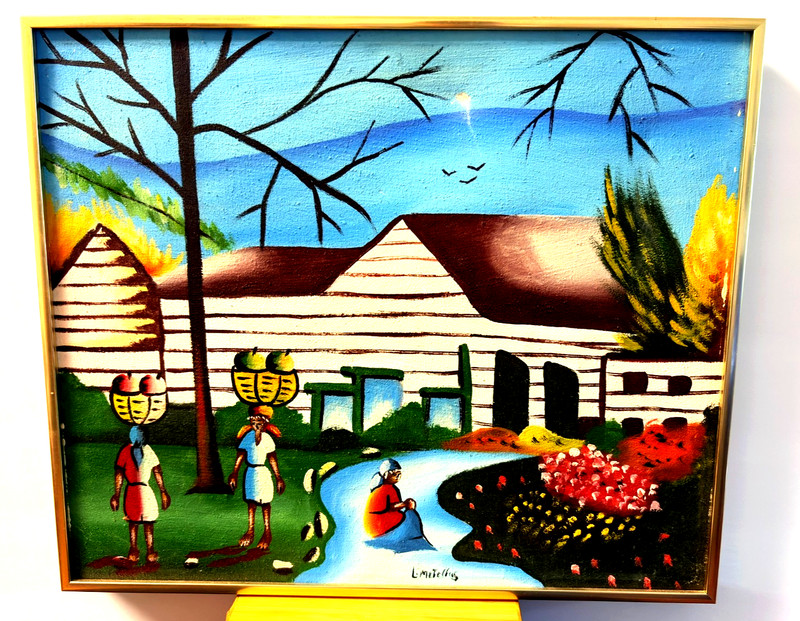 VINTAGE HAITIAN PAINTING SIGNED L. Metellus Folk Art METAL FRAMED SIZE 19 X 16″