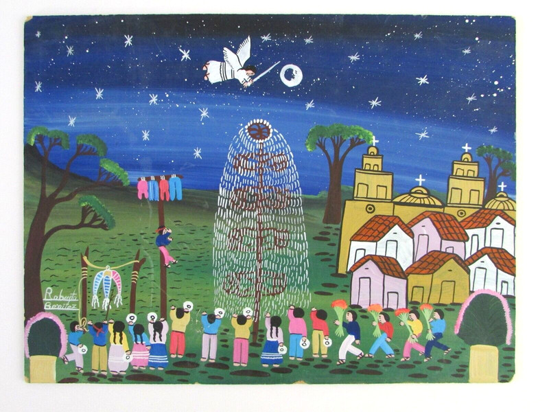 Roberto Benitez Mexico Folk Art Christmas Nativity Oil Painting