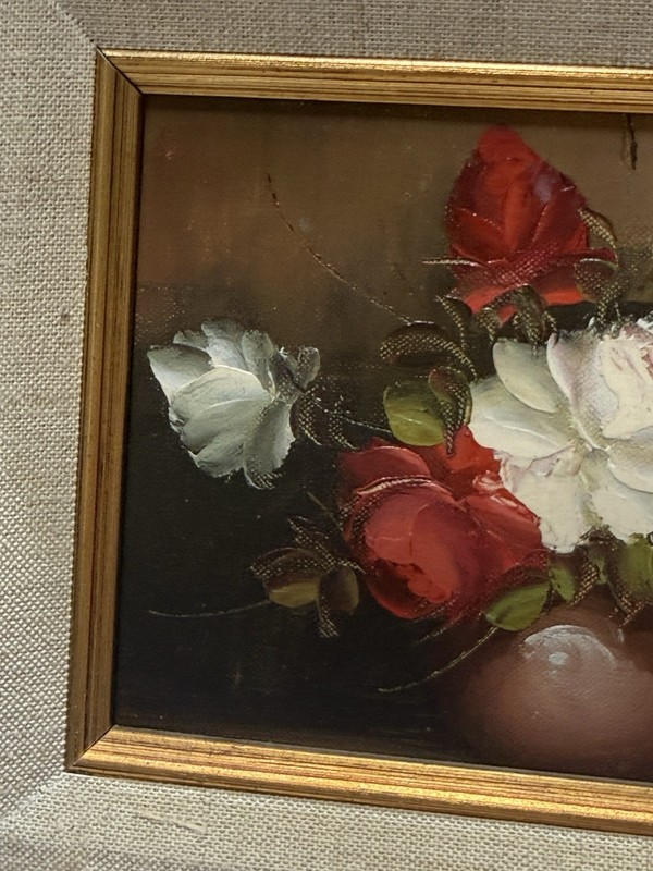 Vintage Signed Henri Floral Oil Painting Roses in Ornate Gold Frame 11x9 Still L gallery