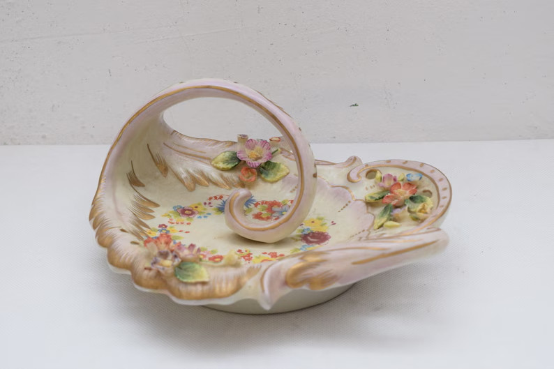 Plateau Painted Porcelain Flowers Dersign Art Nouveau Ornaments Vintage Art Deco