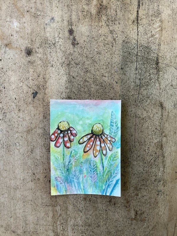 Aceo By Kenna Watercolour Painting Original Cone Flowers 2.5”X 3.5” Signed gallery