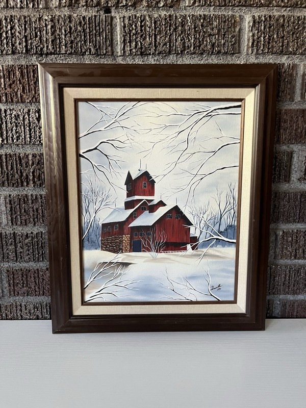 OIL On CANVAS PAINTING VINTAGE RED BARN WINTER SCENE SIGNED DRUSCILLA 18” X 15”