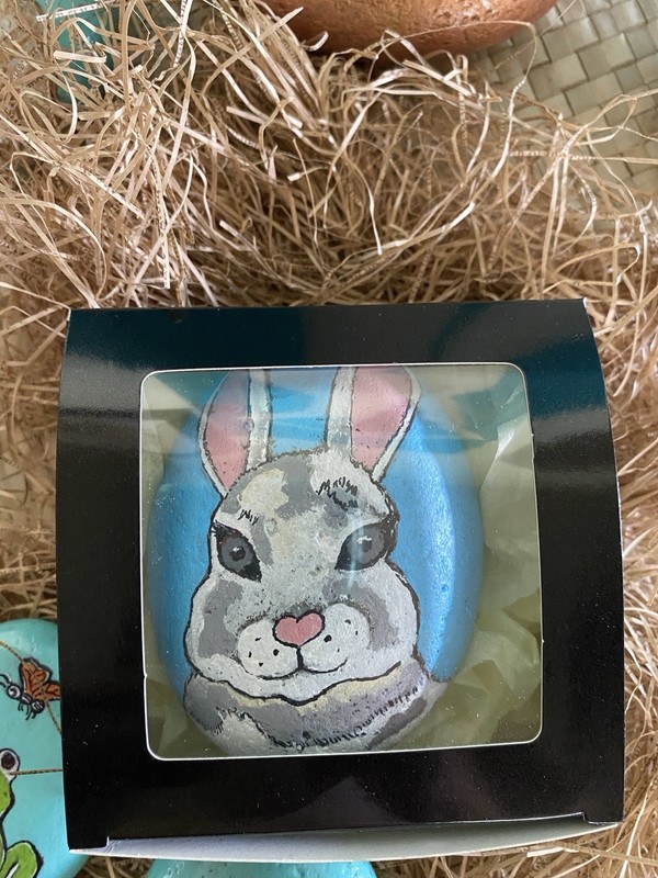 Rock Art Hand Painted Bunny rabbit On Natural rock 3.5” X3” X2” gallery