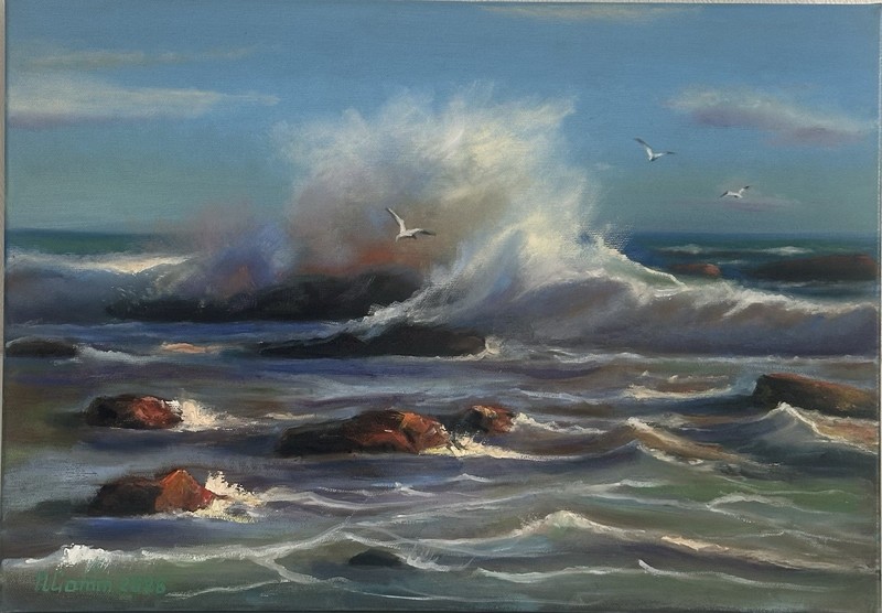 Oil Painting Seascape Waves Rocks Sea 35x50cm Canvas 13,7x19,6 Inch Wall Art